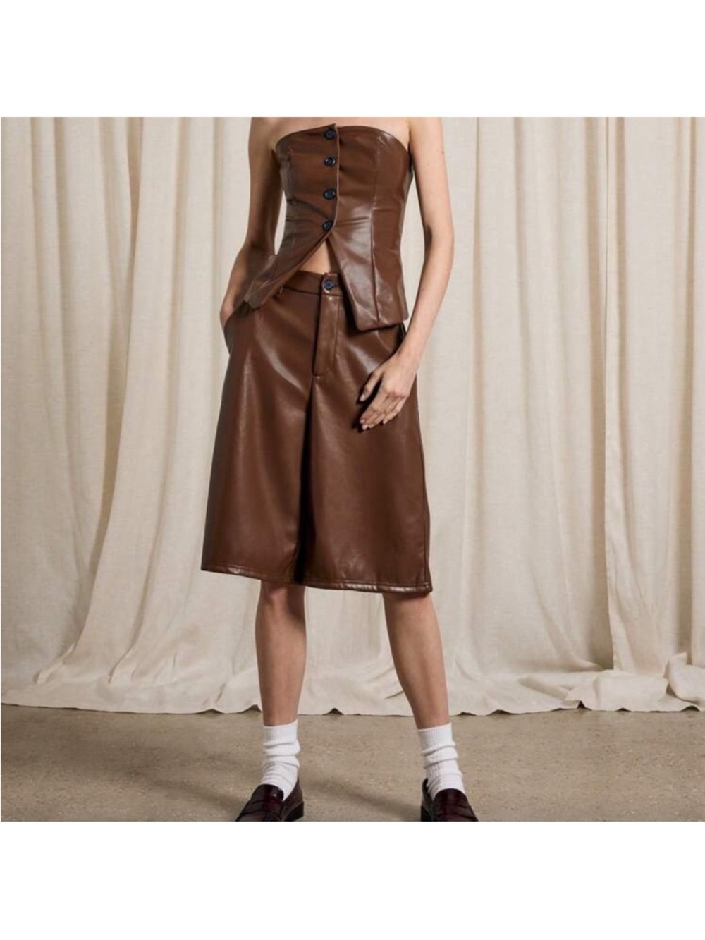 Women's Brown Faux Leather Midi Shorts - Modern High-Waist with Top